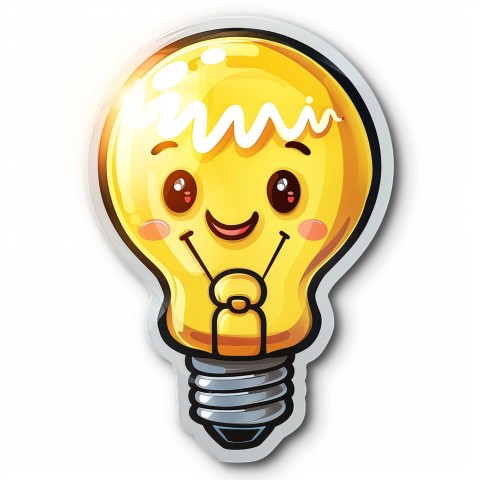 Cute Kawaii Stickers Glowing Light Bulb with Radiant Smile on White Background (57)