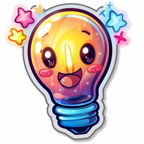 Cute Kawaii Stickers Glowing Light Bulb with Radiant Smile on White Background (47)