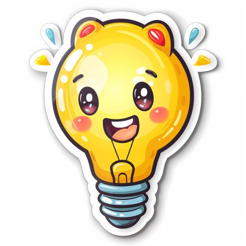 Cute Kawaii Stickers Glowing Light Bulb with Radiant Smile on White Background (67)