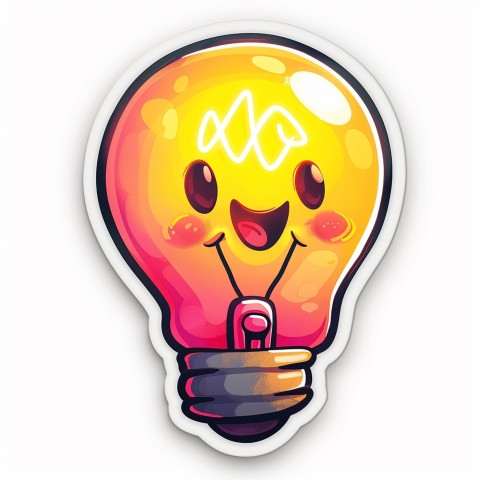 Cute Kawaii Stickers Glowing Light Bulb with Radiant Smile on White Background (61)