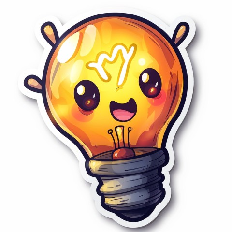 Cute Kawaii Stickers Glowing Light Bulb with Radiant Smile on White Background (65)