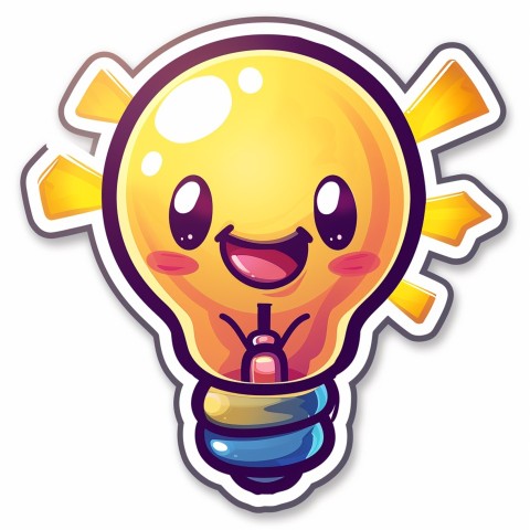 Cute Kawaii Stickers Glowing Light Bulb with Radiant Smile on White Background (68)