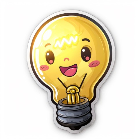 Cute Kawaii Stickers Glowing Light Bulb with Radiant Smile on White Background (62)