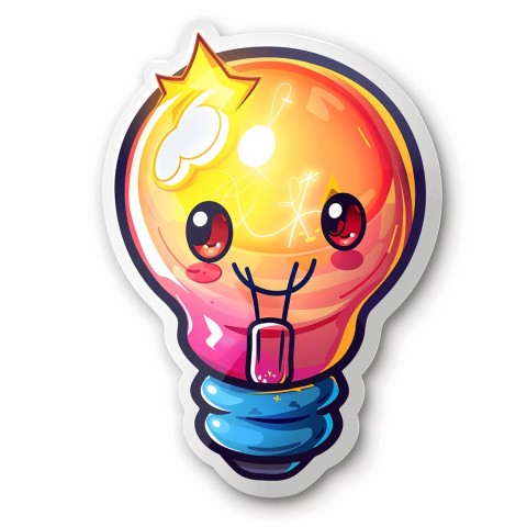 Cute Kawaii Stickers Glowing Light Bulb with Radiant Smile on White Background (79)