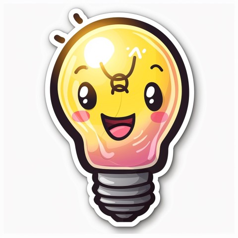 Cute Kawaii Stickers Glowing Light Bulb with Radiant Smile on White Background (88)