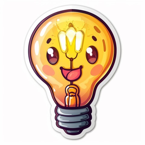 Cute Kawaii Stickers Glowing Light Bulb with Radiant Smile on White Background (83)