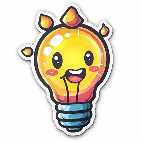 Cute Kawaii Stickers Glowing Light Bulb with Radiant Smile on White Background (89)