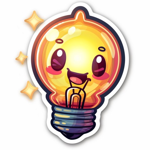 Cute Kawaii Stickers Glowing Light Bulb with Radiant Smile on White Background (82)