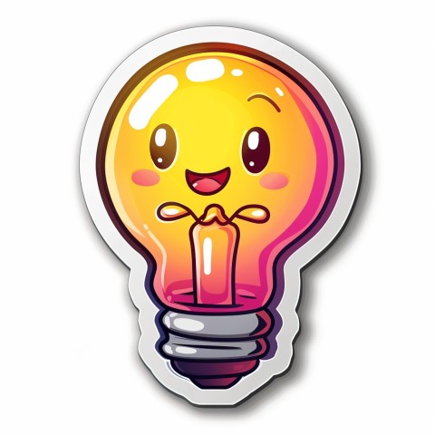 Cute Kawaii Stickers Glowing Light Bulb with Radiant Smile on White Background (91)