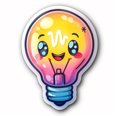 Cute Kawaii Stickers Glowing Light Bulb with Radiant Smile on White Background (93)