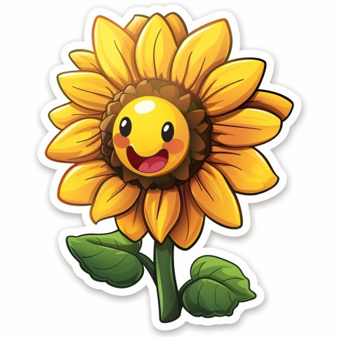 Cute Kawaii Stickers Smiling Sunflower with Radiant Petals on White Background (17)