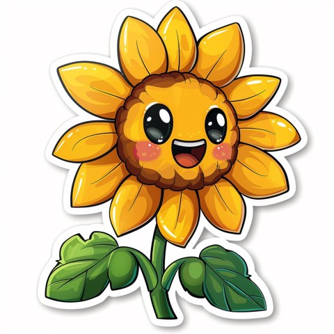 Cute Kawaii Stickers Smiling Sunflower with Radiant Petals on White Background (18)