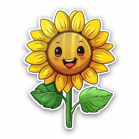 Cute Kawaii Stickers Smiling Sunflower with Radiant Petals on White Background (13)