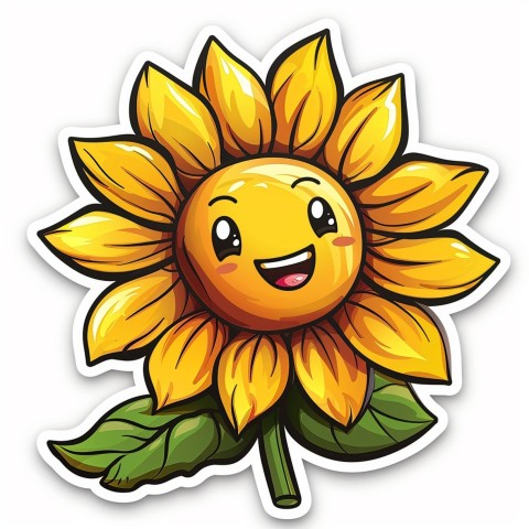 Cute Kawaii Stickers Smiling Sunflower with Radiant Petals on White Background (16)