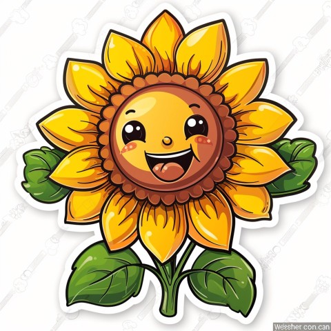 Cute Kawaii Stickers Smiling Sunflower with Radiant Petals on White Background (10)