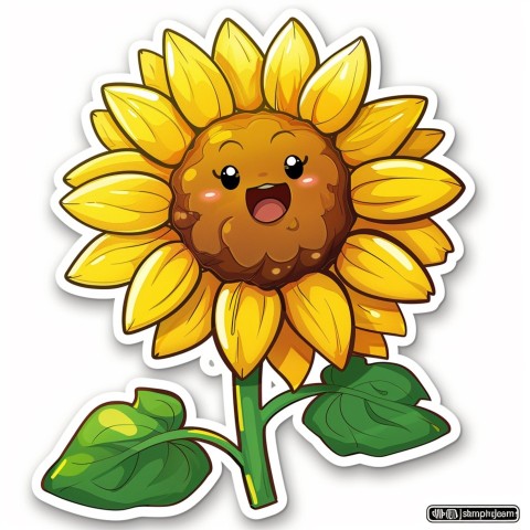 Cute Kawaii Stickers Smiling Sunflower with Radiant Petals on White Background (14)