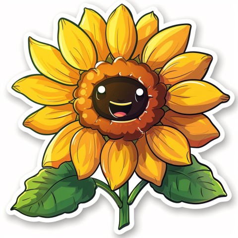 Cute Kawaii Stickers Smiling Sunflower with Radiant Petals on White Background (7)