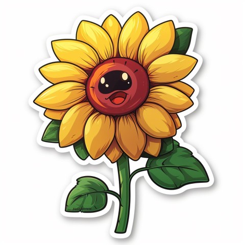 Cute Kawaii Stickers Smiling Sunflower with Radiant Petals on White Background (38)