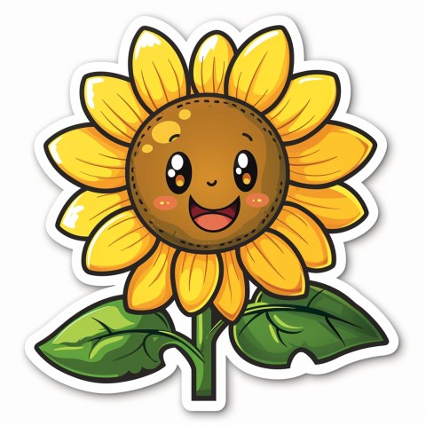 Cute Kawaii Stickers Smiling Sunflower with Radiant Petals on White Background (36)