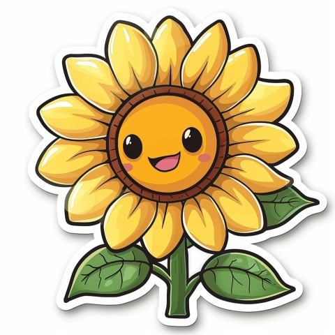 Cute Kawaii Stickers Smiling Sunflower with Radiant Petals on White Background (31)