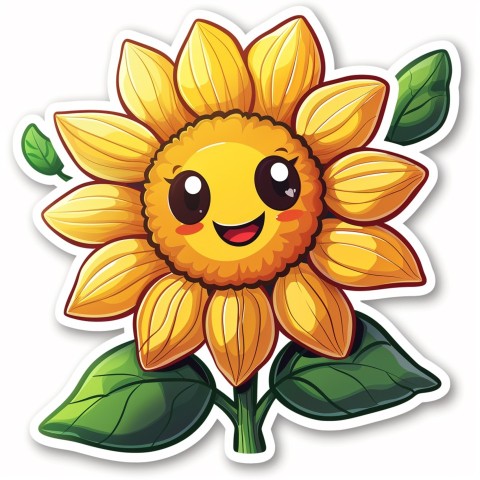 Cute Kawaii Stickers Smiling Sunflower with Radiant Petals on White Background (37)