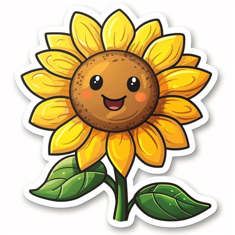 Cute Kawaii Stickers Smiling Sunflower with Radiant Petals on White Background (47)