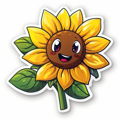 Cute Kawaii Stickers Smiling Sunflower with Radiant Petals on White Background (41)