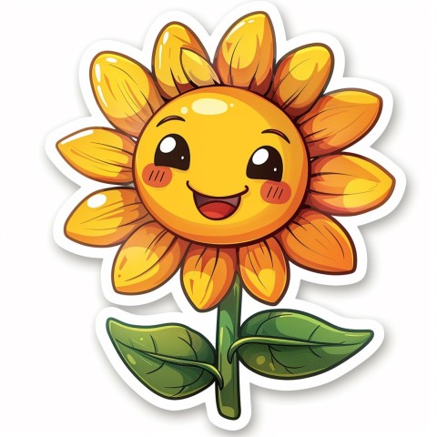 Cute Kawaii Stickers Smiling Sunflower with Radiant Petals on White Background (54)