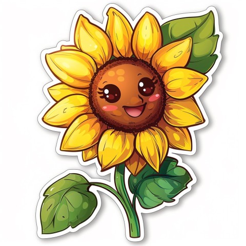 Cute Kawaii Stickers Smiling Sunflower with Radiant Petals on White Background (51)