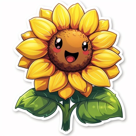 Cute Kawaii Stickers Smiling Sunflower with Radiant Petals on White Background (43)