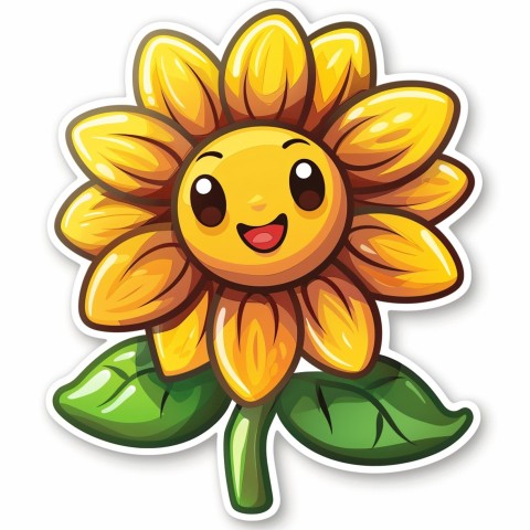 Cute Kawaii Stickers Smiling Sunflower with Radiant Petals on White Background (52)