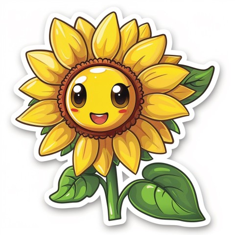 Cute Kawaii Stickers Smiling Sunflower with Radiant Petals on White Background (50)