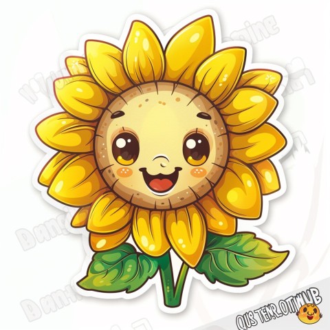 Cute Kawaii Stickers Smiling Sunflower with Radiant Petals on White Background (59)