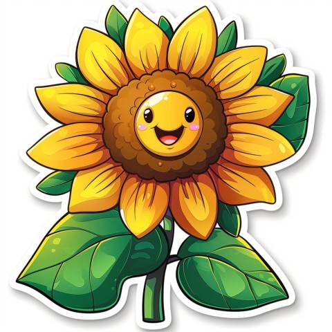 Cute Kawaii Stickers Smiling Sunflower with Radiant Petals on White Background (45)