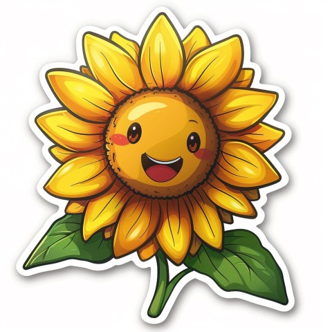 Cute Kawaii Stickers Smiling Sunflower with Radiant Petals on White Background (56)