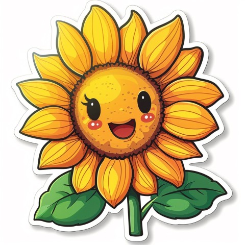 Cute Kawaii Stickers Smiling Sunflower with Radiant Petals on White Background (58)