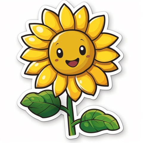 Cute Kawaii Stickers Smiling Sunflower with Radiant Petals on White Background (65)