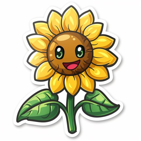 Cute Kawaii Stickers Smiling Sunflower with Radiant Petals on White Background (69)