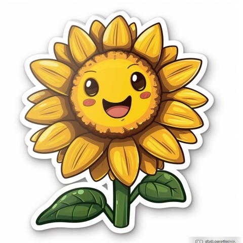 Cute Kawaii Stickers Smiling Sunflower with Radiant Petals on White Background (64)