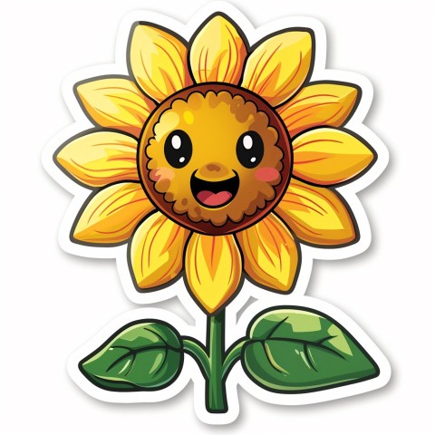 Cute Kawaii Stickers Smiling Sunflower with Radiant Petals on White Background (62)