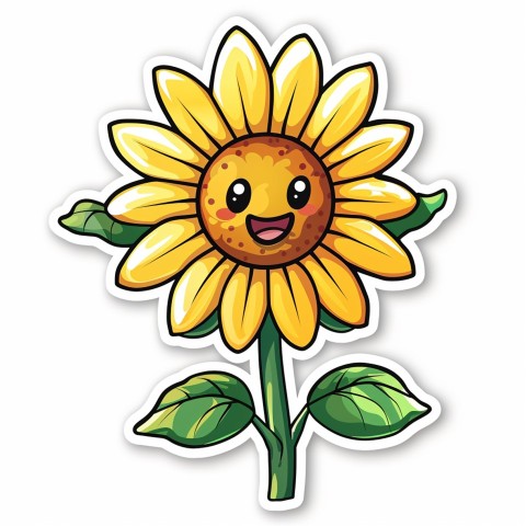 Cute Kawaii Stickers Smiling Sunflower with Radiant Petals on White Background (80)