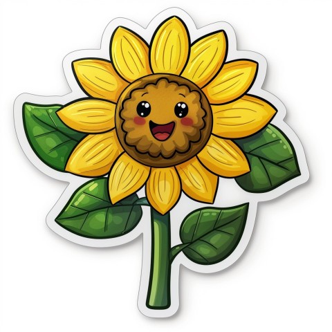 Cute Kawaii Stickers Smiling Sunflower with Radiant Petals on White Background (71)