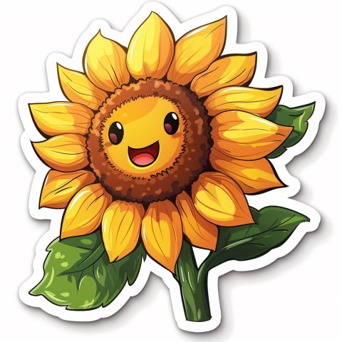 Cute Kawaii Stickers Smiling Sunflower with Radiant Petals on White Background (61)