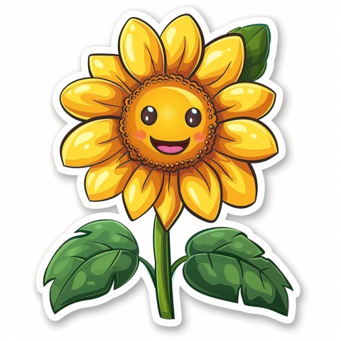 Cute Kawaii Stickers Smiling Sunflower with Radiant Petals on White Background (76)