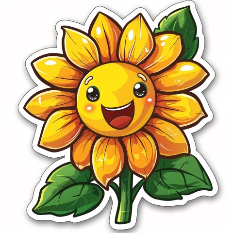 Cute Kawaii Stickers Smiling Sunflower with Radiant Petals on White Background (66)