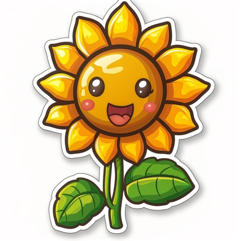 Cute Kawaii Stickers Smiling Sunflower with Radiant Petals on White Background (85)