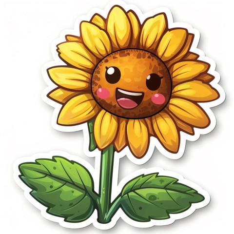 Cute Kawaii Stickers Smiling Sunflower with Radiant Petals on White Background (83)