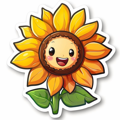 Cute Kawaii Stickers Smiling Sunflower with Radiant Petals on White Background (98)