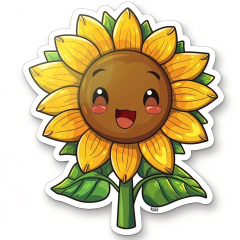 Cute Kawaii Stickers Smiling Sunflower with Radiant Petals on White Background (97)