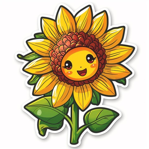 Cute Kawaii Stickers Smiling Sunflower with Radiant Petals on White Background (87)